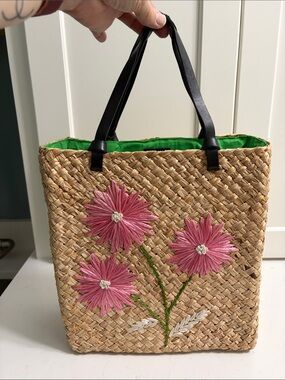 Kate Spade Cabo Holiday Woven Straw Tote Bag with Pink Flowers - RARE, Y2K